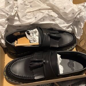 Dr. Martens Black Tassel Kiltie Penny Loafers with Yellow Stitching